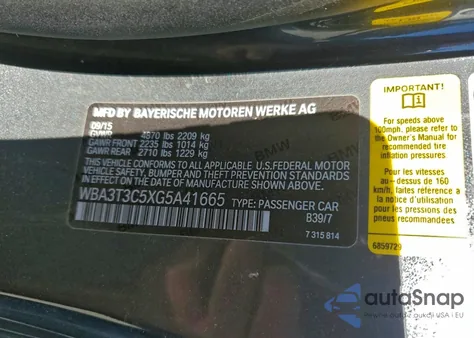 2016 BMW 435 I z USA, uszkodzony, nr VIN WBA3T3C5XG5A41665